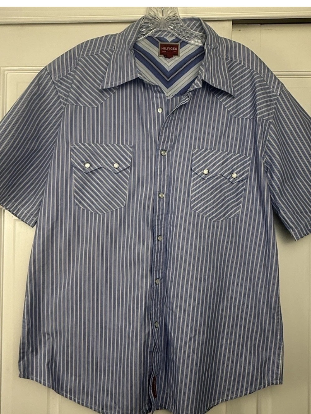 Tommy Hilfiger Blue and White Vertical Stripe Short-Sleeve Button-Down